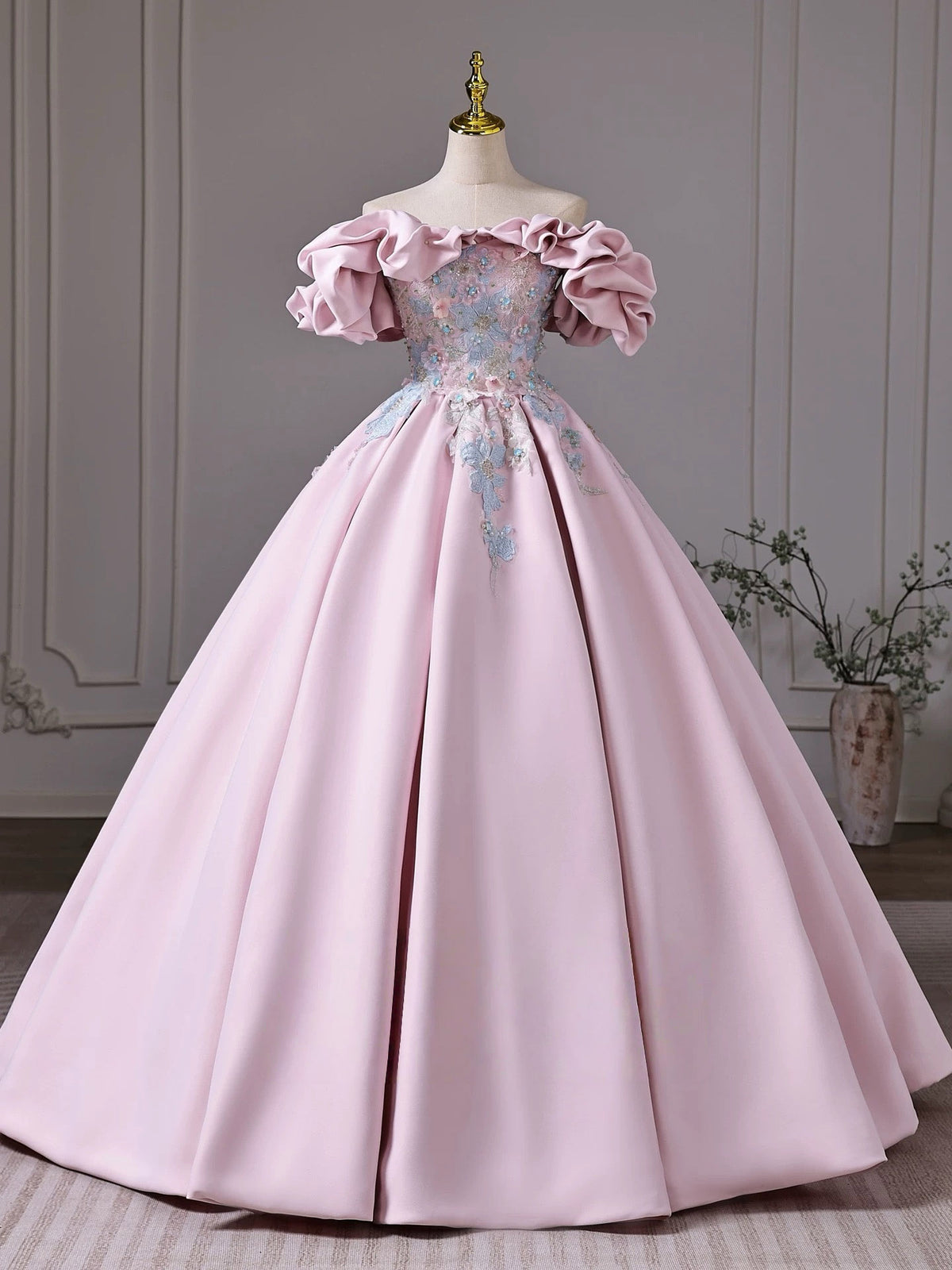 A-Line Off Shoulder Lace Applique Pink Long Prom Dress