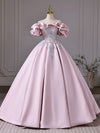 A-Line Off Shoulder Lace Applique Pink Long Prom Dress