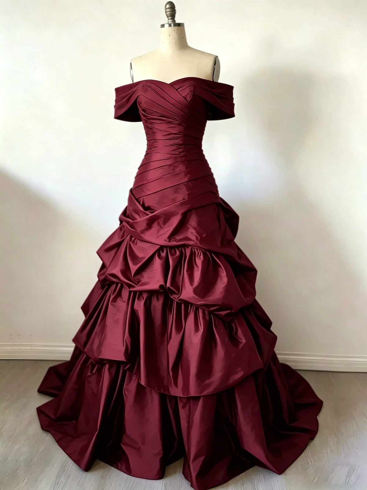 A-Line Sweetheart Neck Off Shoulder Burgundy Long Prom Dress