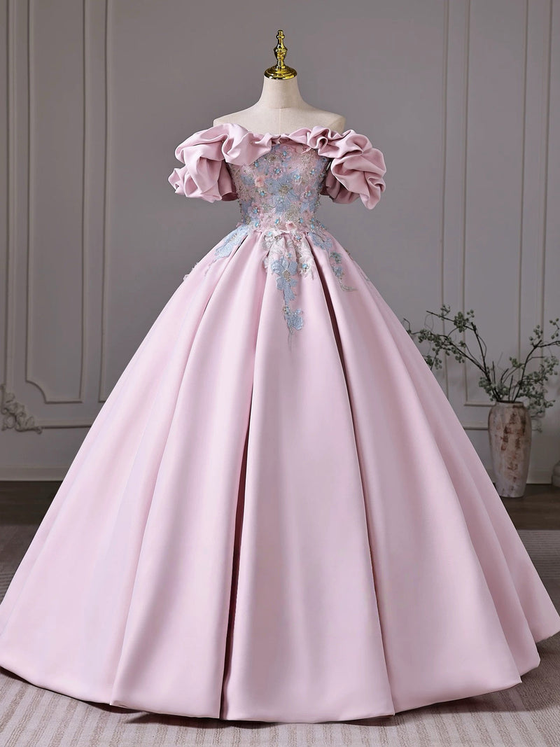 A-Line Off Shoulder Lace Applique Pink Long Prom Dress