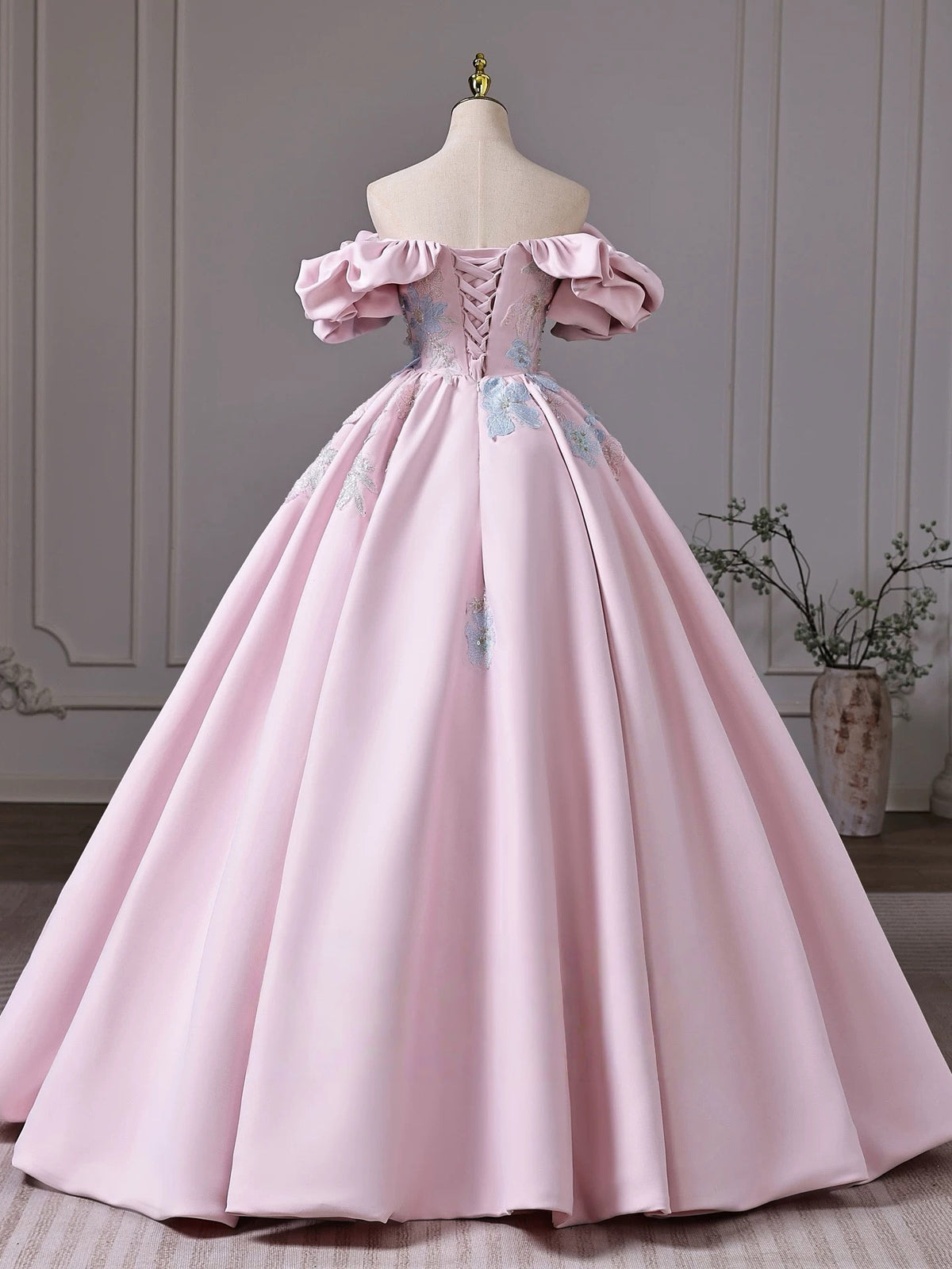 A-Line Off Shoulder Lace Applique Pink Long Prom Dress