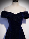 A-Line Off Shoulder Velvet Dark Blue Long Prom Dress, Dark Blue Long Formal Dress