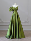 A-Line V Neck Satin Green Long Prom Dress, Green Long Formal Dress