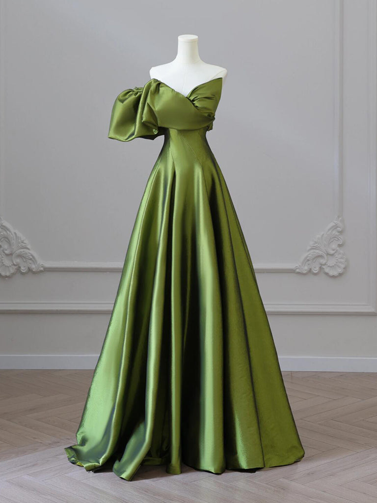 A-Line V Neck Satin Green Long Prom Dress, Green Long Formal Dress