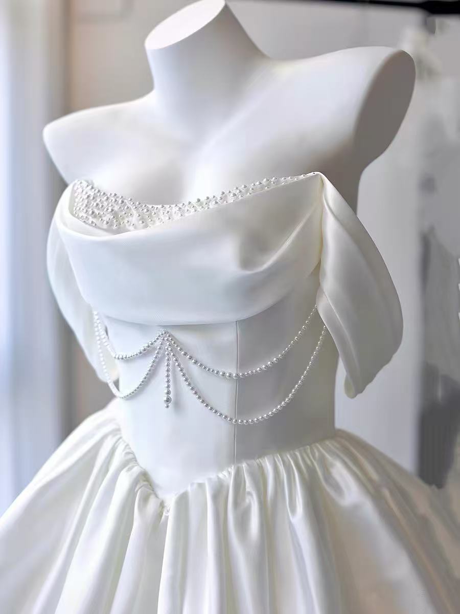 White Off Shoulder Satin Short Prom Dress, White Homecoming Dress