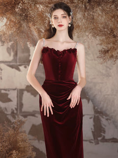 Simple Velvet Mermaid Burgundy Long Prom Dress, Burgundy Long Formal Dress