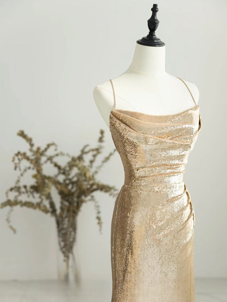Champagne Backless Sequin Long Prom Dress, Sequin Champagne Long Eveni
