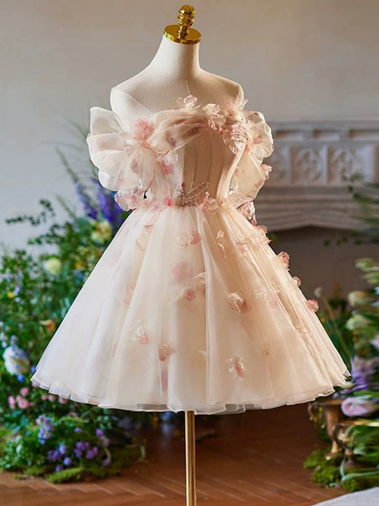 A-Line Off Shoulder Tulle Short Champagne Prom Dress, Cute Homecoming – shopluu