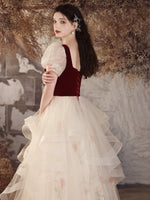 A-Line Tulle Velvet Burgundy/Champagne Long Prom Dress, Cute Sweet 16 Dress