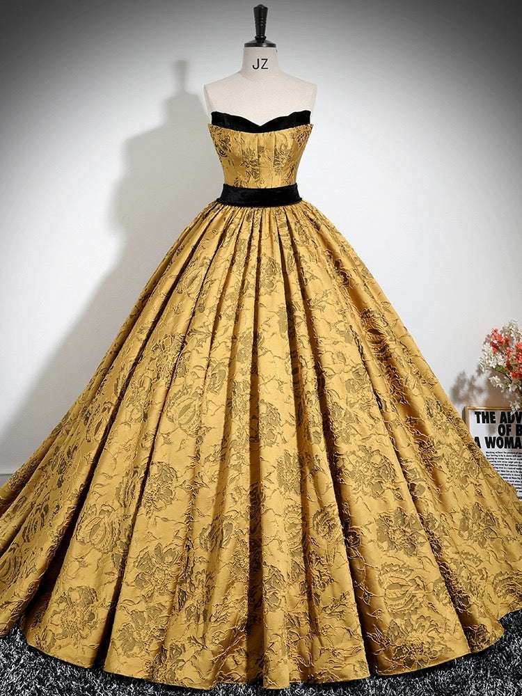 A-Line Off Shoulder Satin Gold Long Prom Dress, Gold Long Formal Dress