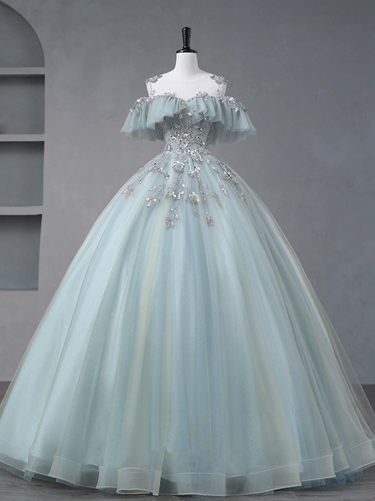 A-Line Blue Tulle sequin Lace Long Prom Dress, Blue Lace Sweet 16 Dress