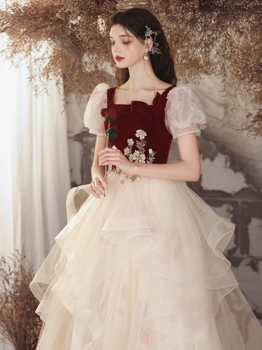 A-Line Tulle Velvet Burgundy/Champagne Long Prom Dress, Cute Sweet 16 Dress