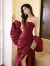 A-Line Off-the-shoulder Taffeta Burgundy Long Prom Dress with Puff Sleeves