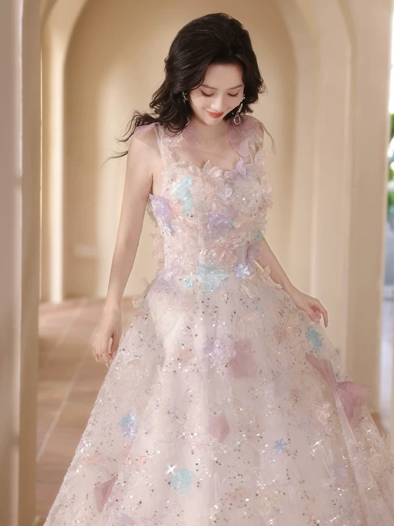 A-Line Tulle Lace Light Pink Long Prom Dress, Light Pink Formal Dress