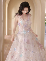 A-Line Tulle Lace Light Pink Long Prom Dress, Light Pink Formal Dress
