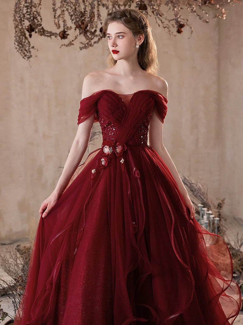 A-Line Off Shoulder Tulle Burgundy Long Prom Dress, Burgundy Long Evening Dress