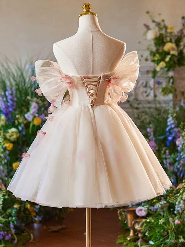 champagne pink homecoming dress A-Line Off Shoulder Tulle Short Champagne Prom Dress, Cute Homecoming Dress US 14 / Champagne
