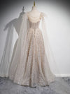 A-Line Scoop Neckline Tulle Sequin Champagne Long Prom Dress