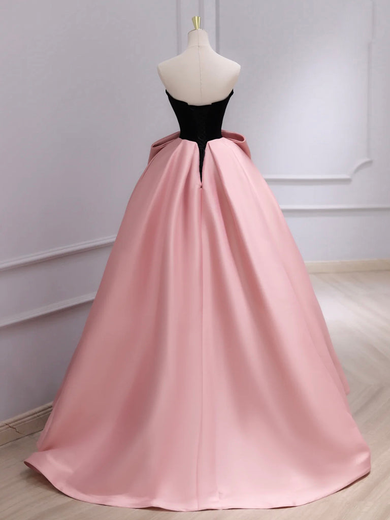 Black Velvet and Pink Satin Long Prom Dress, Beautiful A-Line Strapless Party Dress wit Bow US 8 / Pink Black Velvet and Pink Satin Long Prom Dress, Beautiful A-Line Strapless Party Dress wit Bow US 8 / Pink