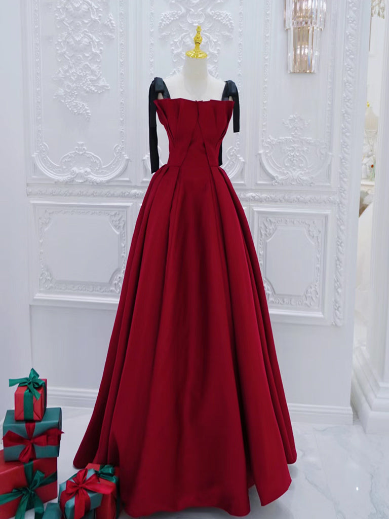 A-Line Burgundy Satin Long Prom Dress, Burgundy Long Formal Dress
