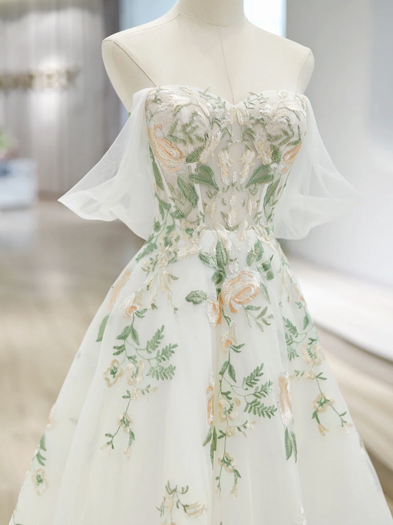 A-Line Off Shoulder ivory Tulle Lace Applique Long Prom Dress, ivory Formal Dress
