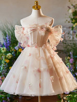 A-Line Off Shoulder Tulle Short Champagne Prom Dress, Cute Homecoming Dress