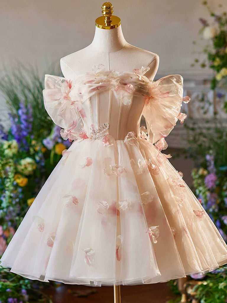 A-Line Off Shoulder Tulle Short Champagne Prom Dress, Cute Homecoming