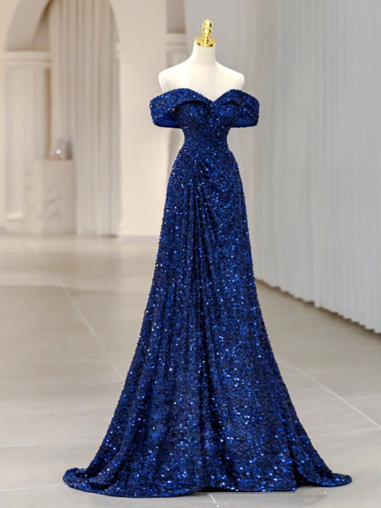 Blue Velvet Sequin Long Prom Dress, Blue Formal Dress – shopluu