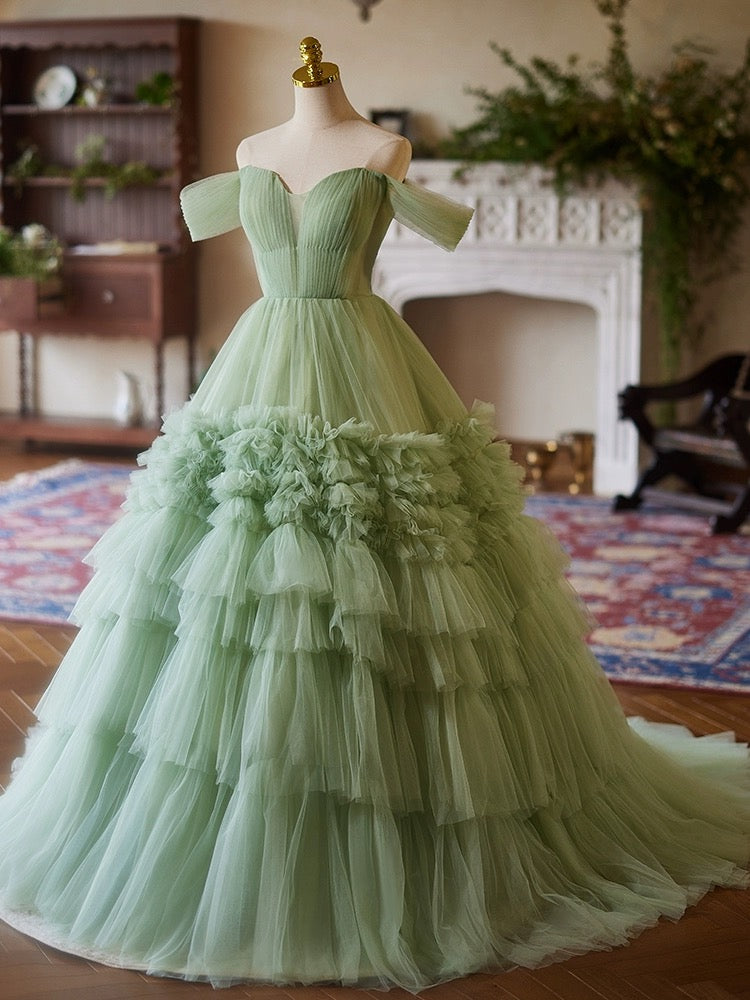 green sweet 16 dress A-Line Green Tulle Long Party Dress, Off the Shoulder Formal Evening Dress US 4 / Green