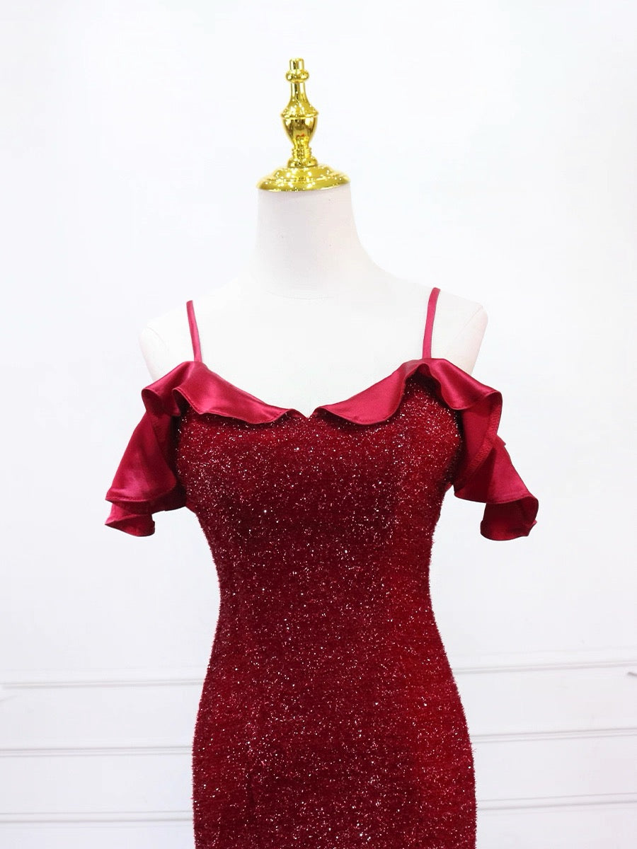 Mermaid V Neck Burgundy Long Prom Dress, Burgundy Long Formal Dress