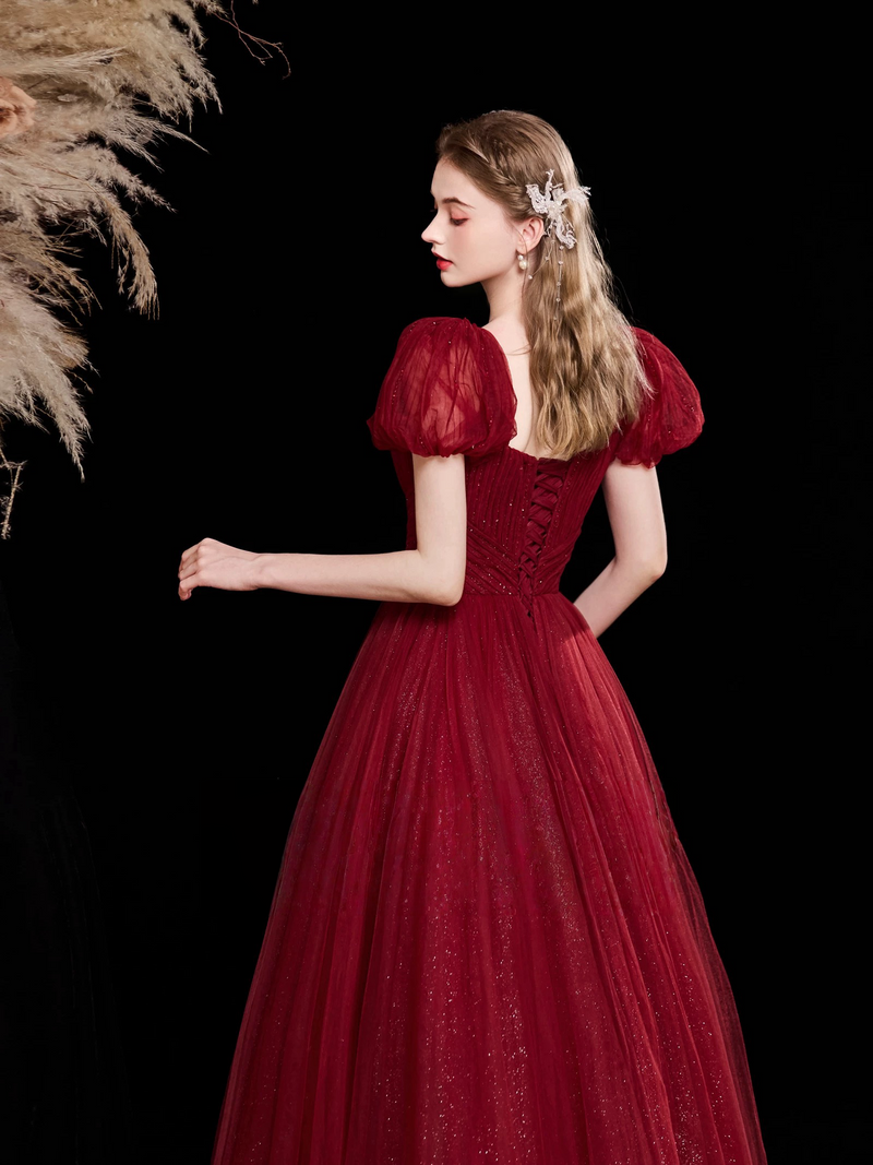 A-Line Puff Sleeves Tulle Burgundy Long Prom Dress, Burgundy Long Evening Dress Custom Size / Burgundy A-Line Puff Sleeves Tulle Burgundy Long Prom Dress, Burgundy Long Evening Dress Custom Size / Burgundy