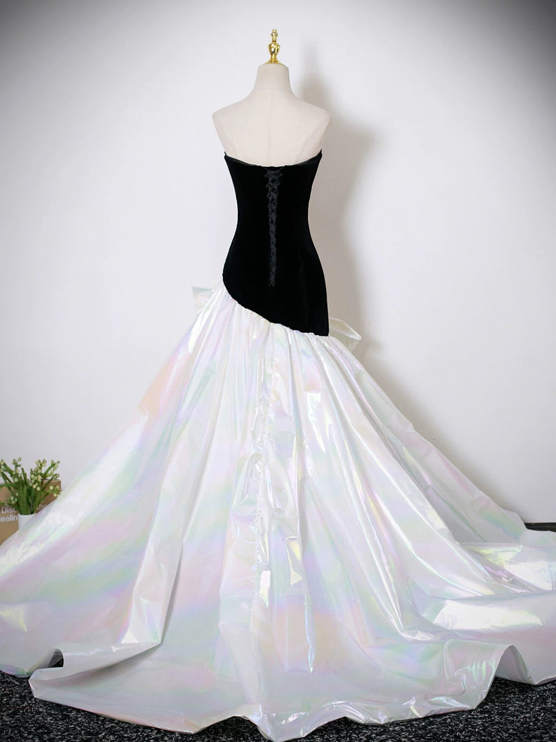 Mermaid White/Black Velvet Long Prom Dress, White/Black Long Evening Dress