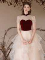 A-Line High Neck Tulle Lace Champagne Long Prom Dress, Champagne Long Evening Dress