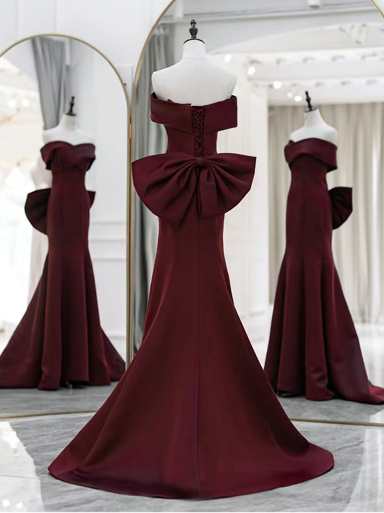 Simple Mermaid Satin Burgundy Long Prom Dress, Burgundy Long Formal Dress