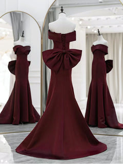 Simple Mermaid Satin Burgundy Long Prom Dress, Burgundy Long Formal Dress