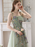 A-Line Tulle Sequin Lace Green Long Prom Dress, Green Long Formal Dress