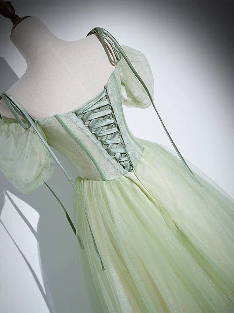 A-Line Tulle Lace Green Long Prom Dress, Green Long Evening Dress