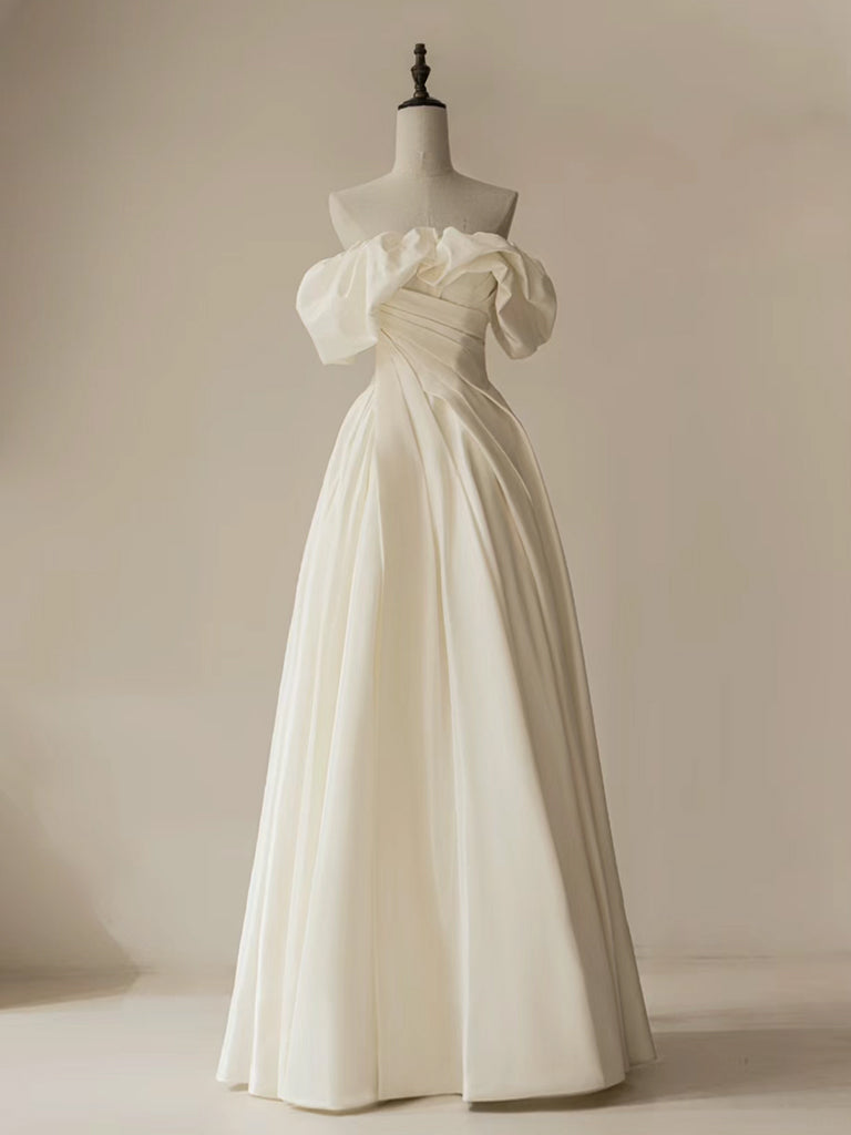 A-Line Off Shoulder ivory Satin Long Prom Dress, ivory Long Formal Dress US 2 / ivory A-Line Off Shoulder ivory Satin Long Prom Dress, ivory Long Formal Dress US 2 / ivory