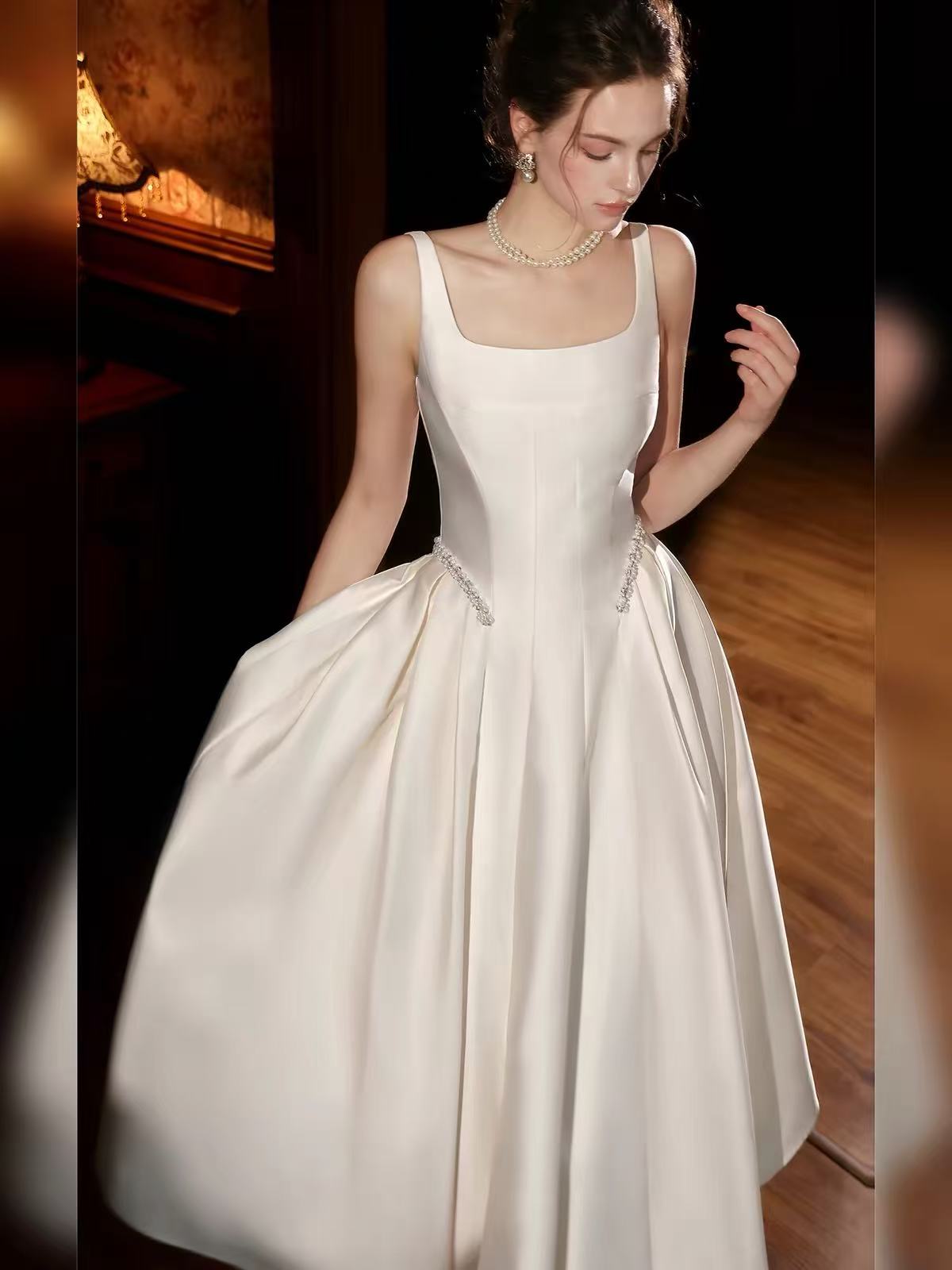 A-line Square Neck Tea Length White Prom Dress with Beads