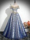 A-Line Tulle Sequin Lace Blue Long Prom Dress, Blue Long Evening Dress