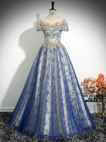 A-Line Tulle Sequin Lace Blue Long Prom Dress, Blue Long Evening Dress