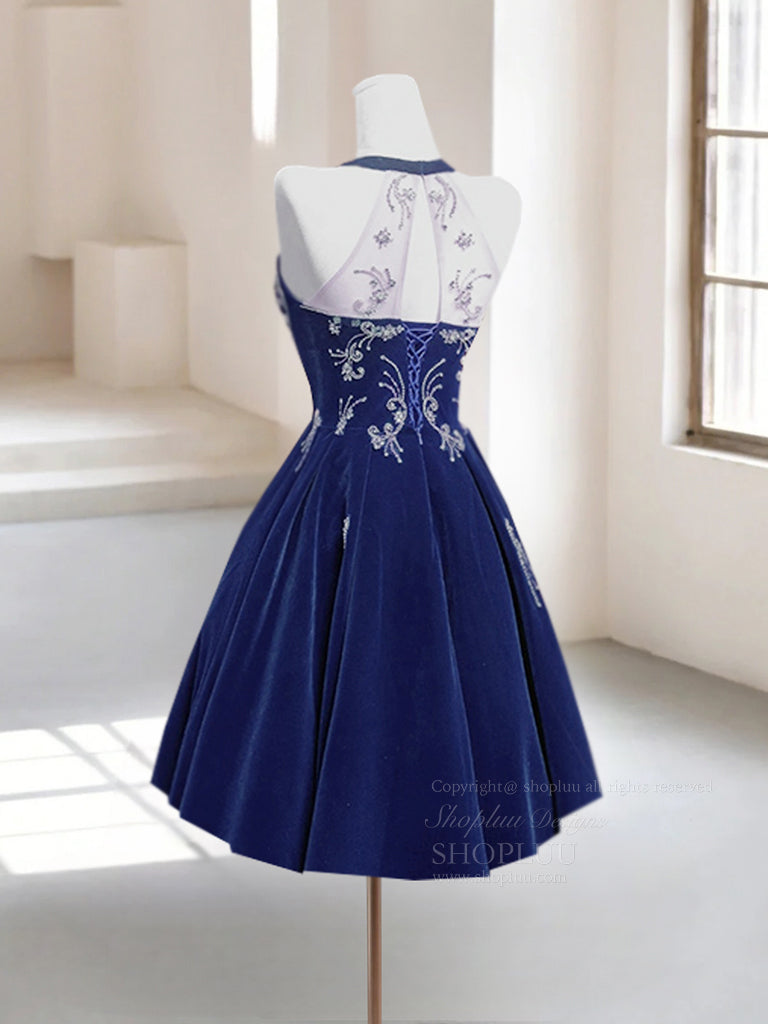 A-Line Velvet Beads Dark Blue Short Prom Dress, Dark Blue Homecoming D – shopluu