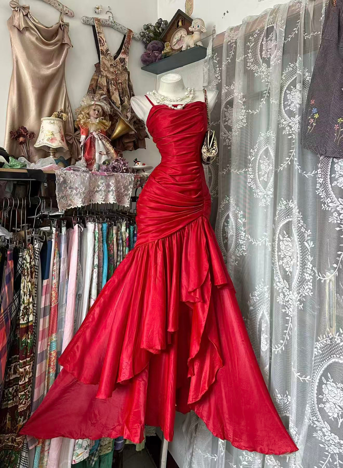Mermaid Sweetheart Satin Red Long Prom Dress, Red Evening Dress