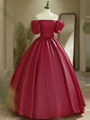 A-Line Puff Sleeves Burgundy Long Prom Dress, Burgundy Long Formal Dress