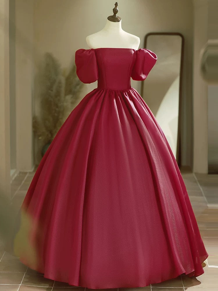 A-Line Puff Sleeves Burgundy Long Prom Dress, Burgundy Long Formal Dress