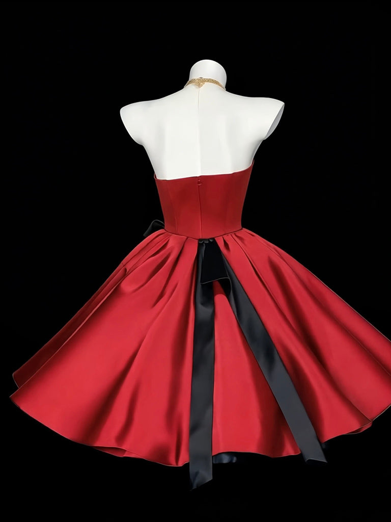 Ball Gown Satin Short Burgundy Formal Dress With Bow Tie