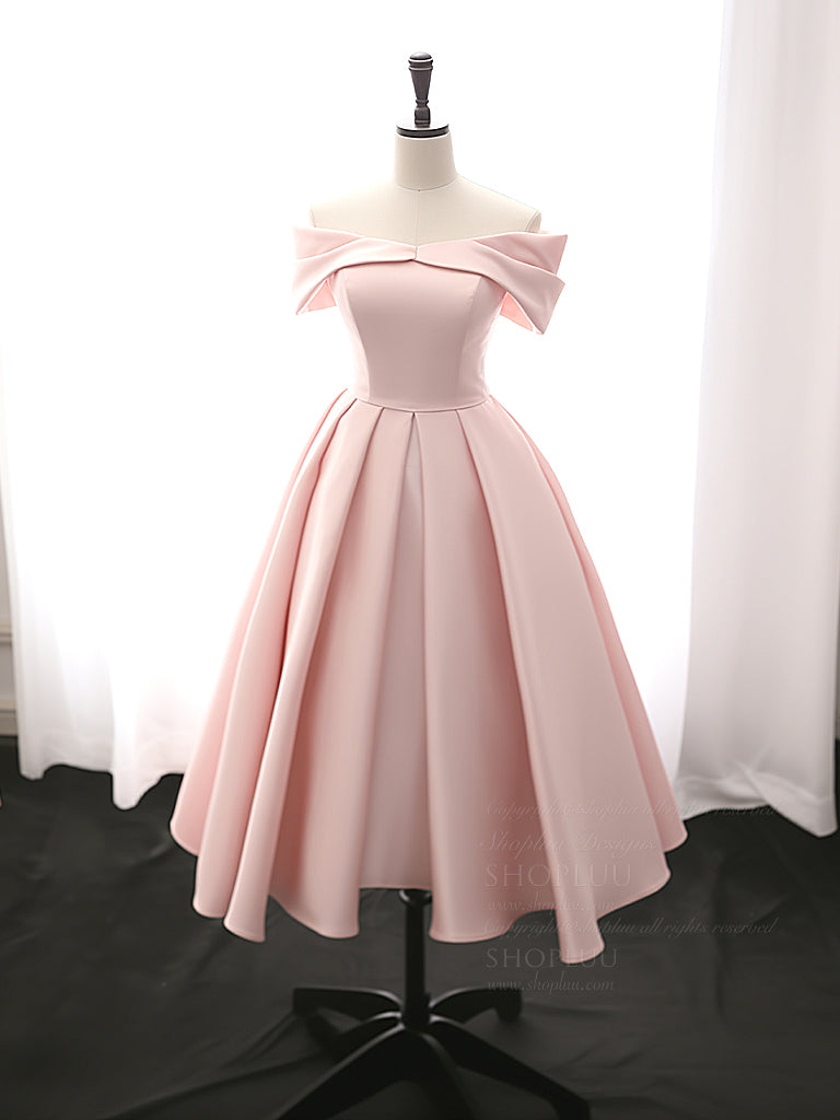 A-Line Off Shoulder Satin Tea Length Pink Prom Dress, Pink Formal Dress