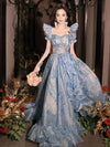 A-Line Off Shoulder Tulle Blue Long Prom Dress, Blue Long Formal Dress