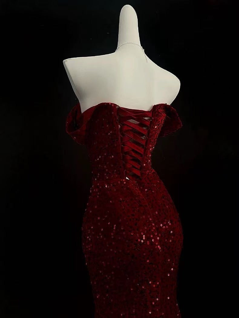 Mermaid Sweetheart Off Shoulder Velvet Sequin Burgundy Long Prom Dress