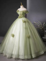 A-Line Off Shoulder Tulle Green Long Prom Dress, Green Long Evening Dress